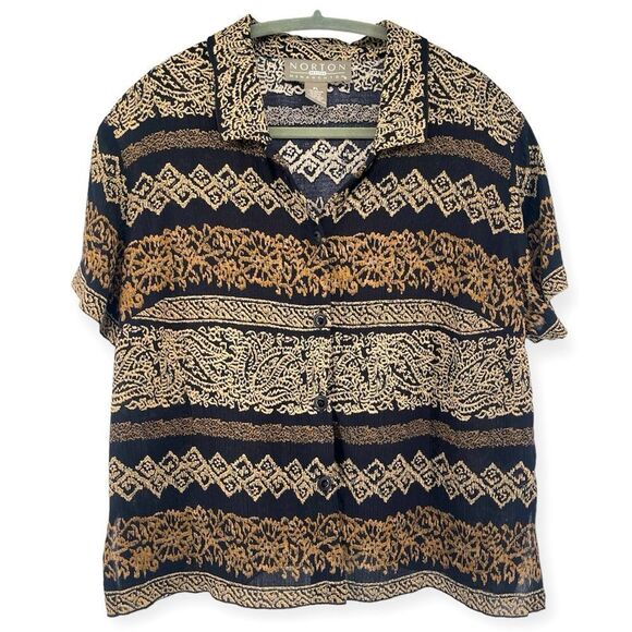 Norton McNaughton Petite Women’s Black Brown Mixed Print Short Sleeve Top Large - Picture 1 of 11